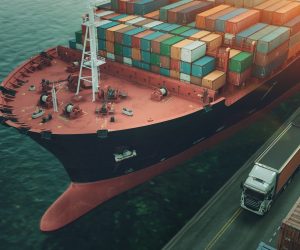 Transportation and logistics of Container Cargo ship and Cargo plane. 3d rendering and illustration.
